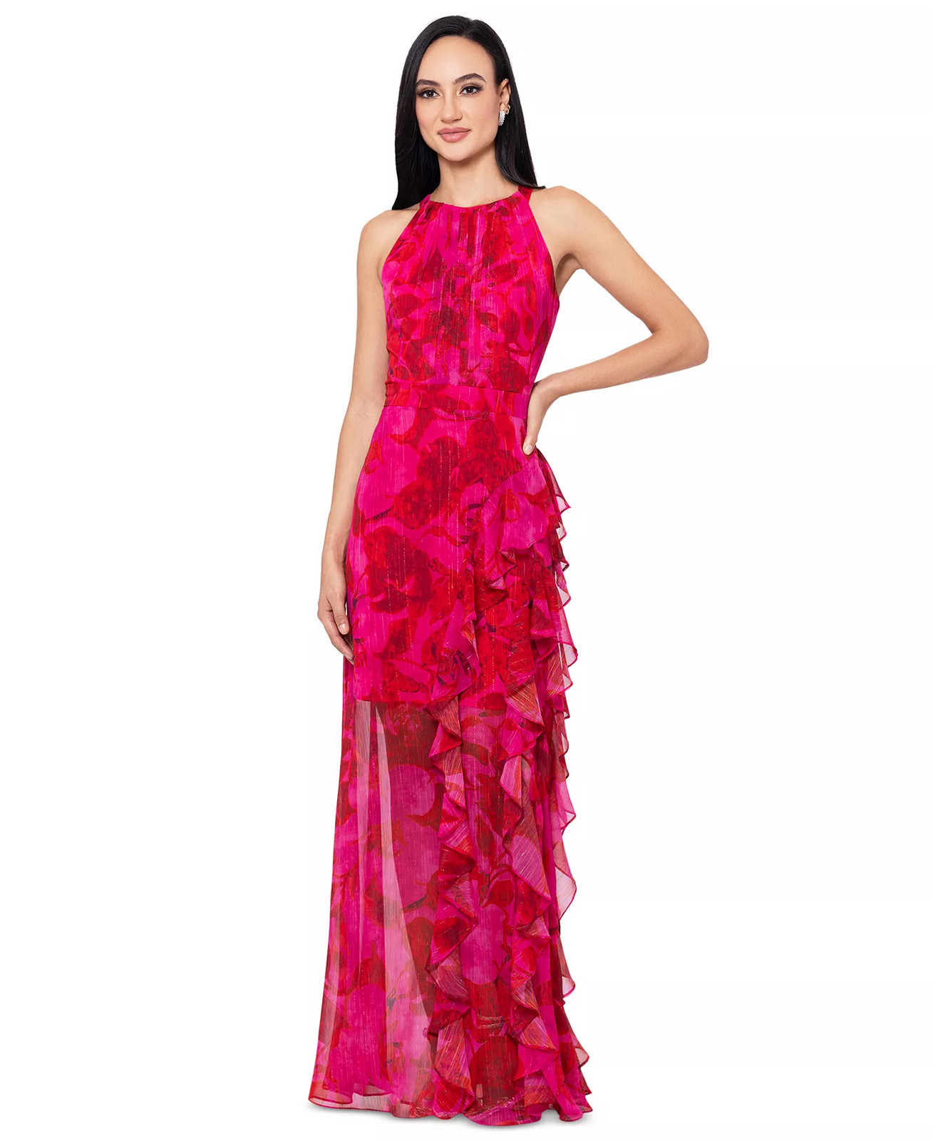 Betsy & Adam Chiffon Gown 10 Ruffled Halter Fuchsia Pink Floral NWT $249