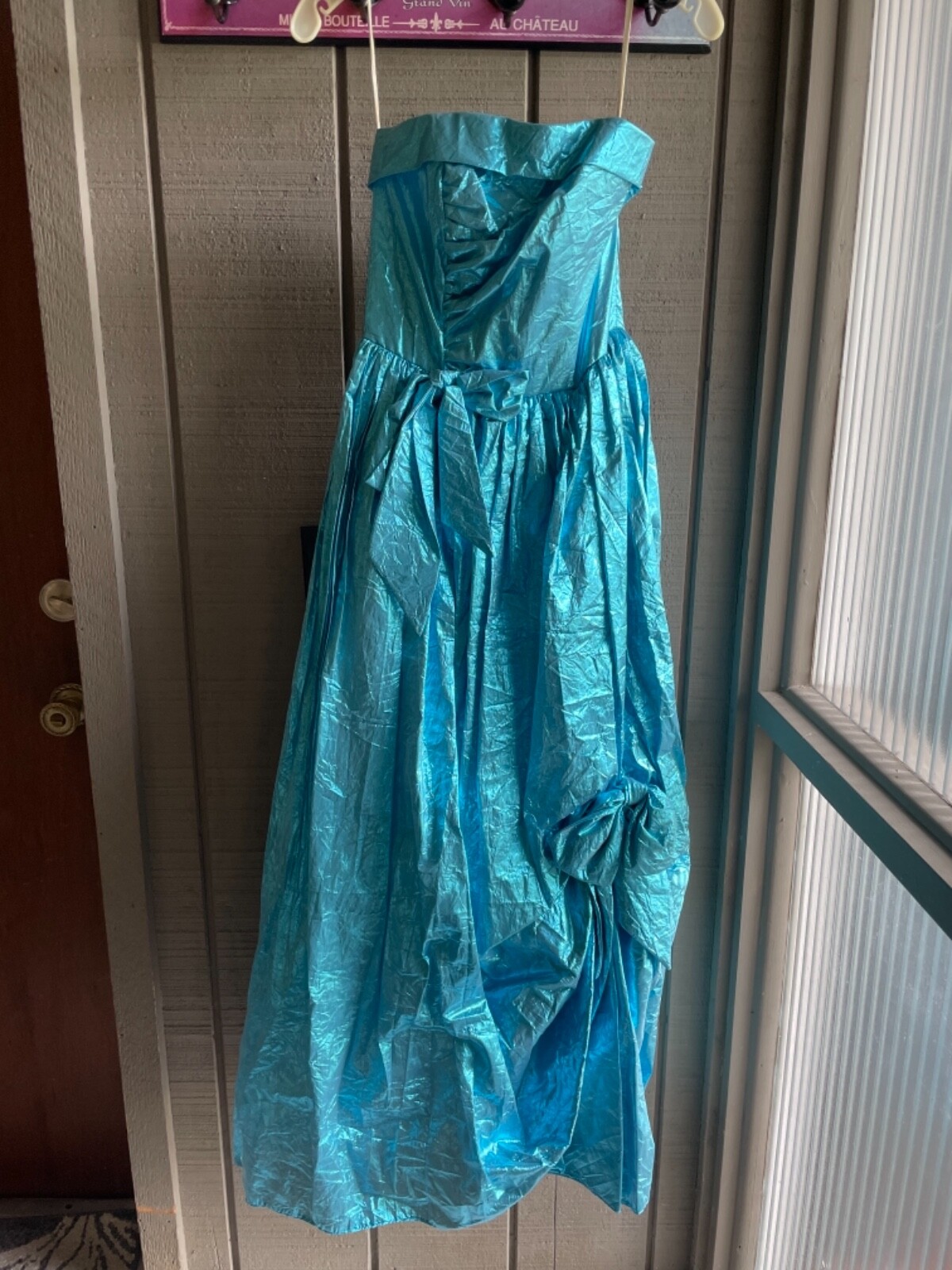 TD4 by Electra 1987 foil turquoise Metallic Lame Strapless Gown Vintage 5/6 EUC!