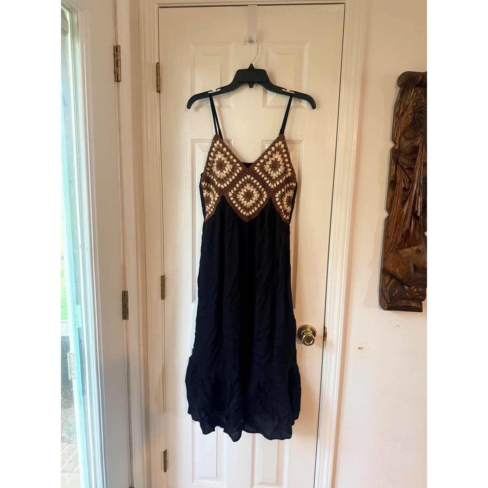 Ravi’s Boho Crochet Granny Square Midi Dress Black Brown Summer Festival Large