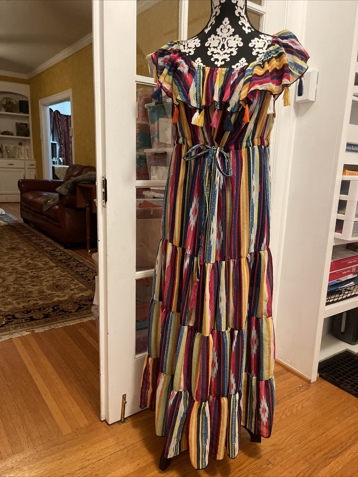 Violet Sky L multicolor striped long flowing off shoulder Ruffle Dress