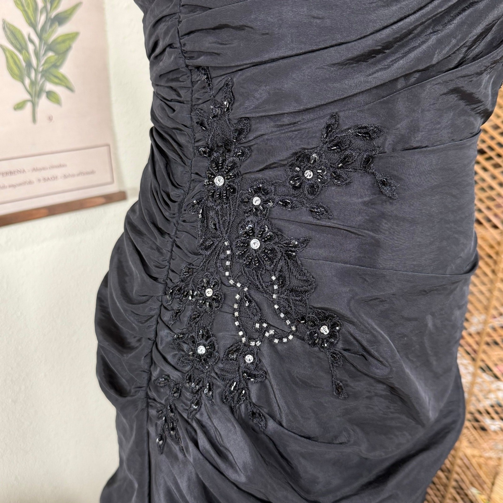 90s Y2k Beaded Floral Corset Back Ruched Formal Dress Romanitc Goth Sexy Glam XS