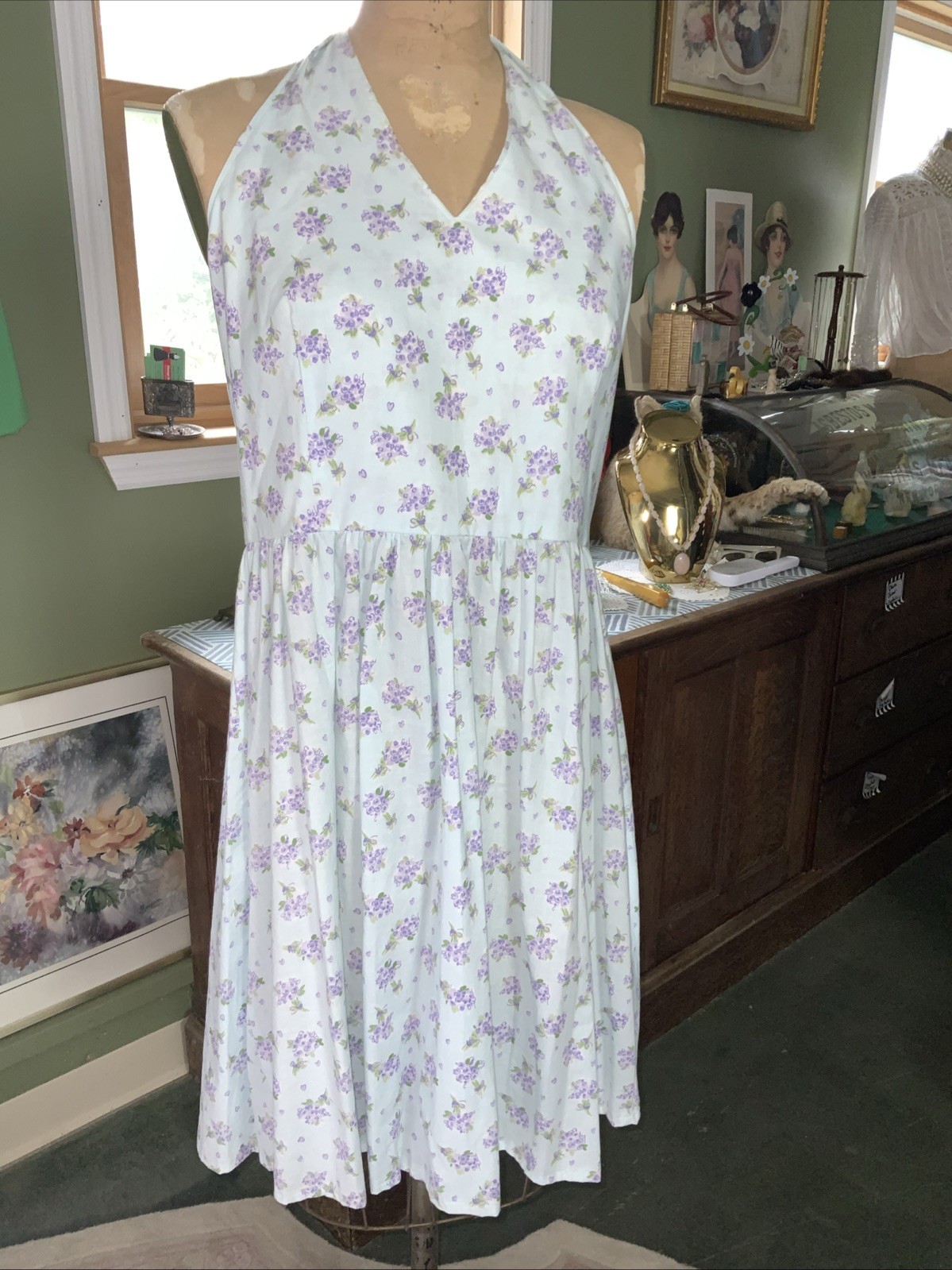 Halter Sundress Blue W Purple Bouquets Print Sz 10 Cotton Homemade