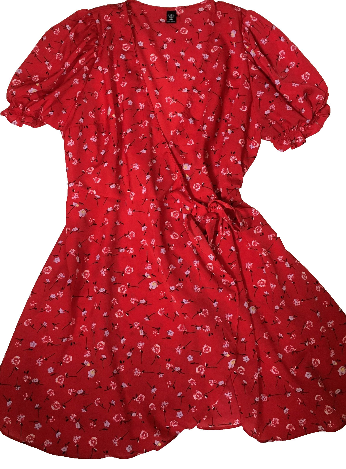 SHEIN Boho Ditsy Floral Print Puff Sleeve Knot Side Wrap Dress Size 0XL Short