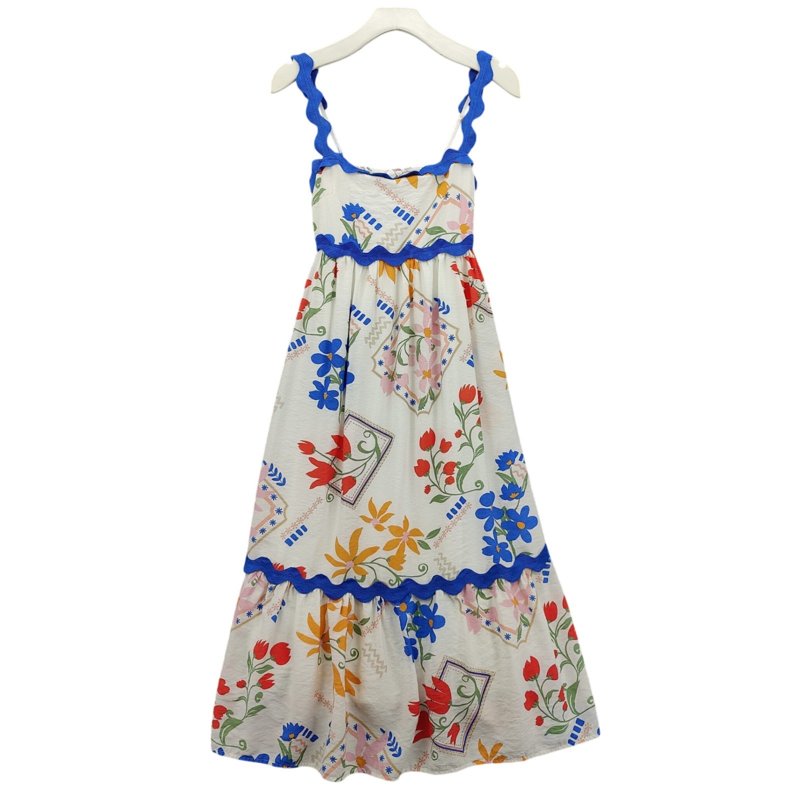Blu Pepper Womens Folk Retro Cottage Maxi Smocked Art Floral Boho Dress S White
