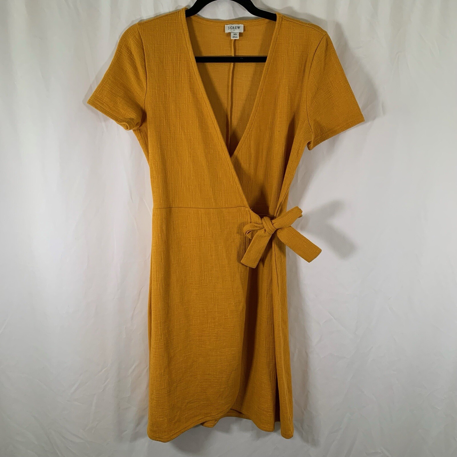 J Crew Knee Length Dress Women’s XS Yellow Textured Wrap Tie Front Cotton Blend