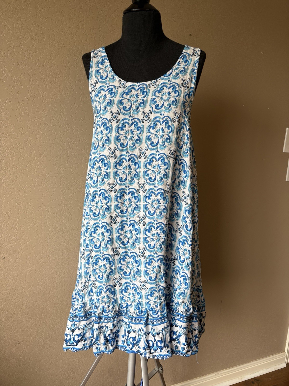 Suzanne Betro Dress Womens Med Blue Round Neck Sleeveless Casual Pullover Ruffle