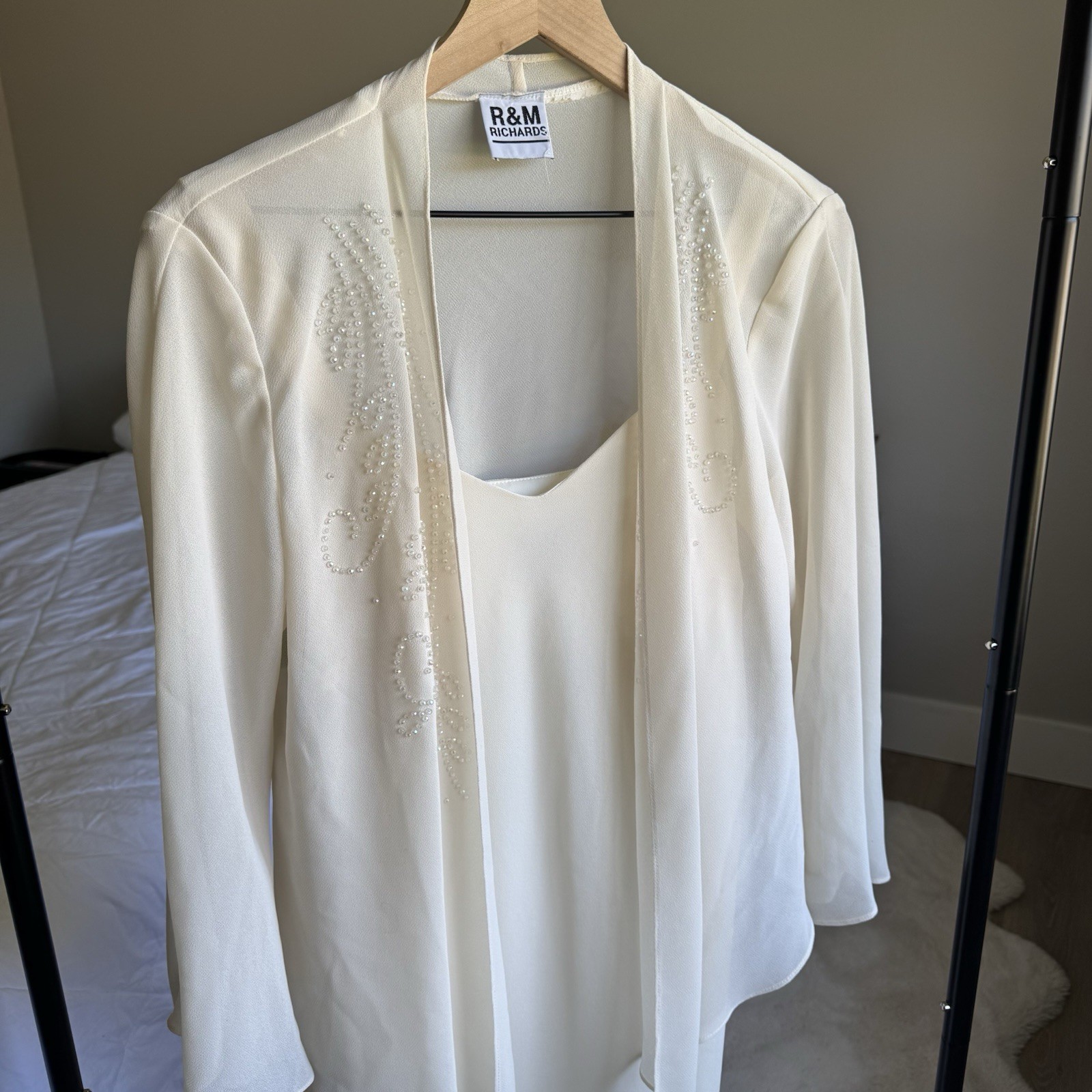 R&M Richards 2-Piece Dress Set Ivory Beaded Jacket Dress Skirt Suit 12