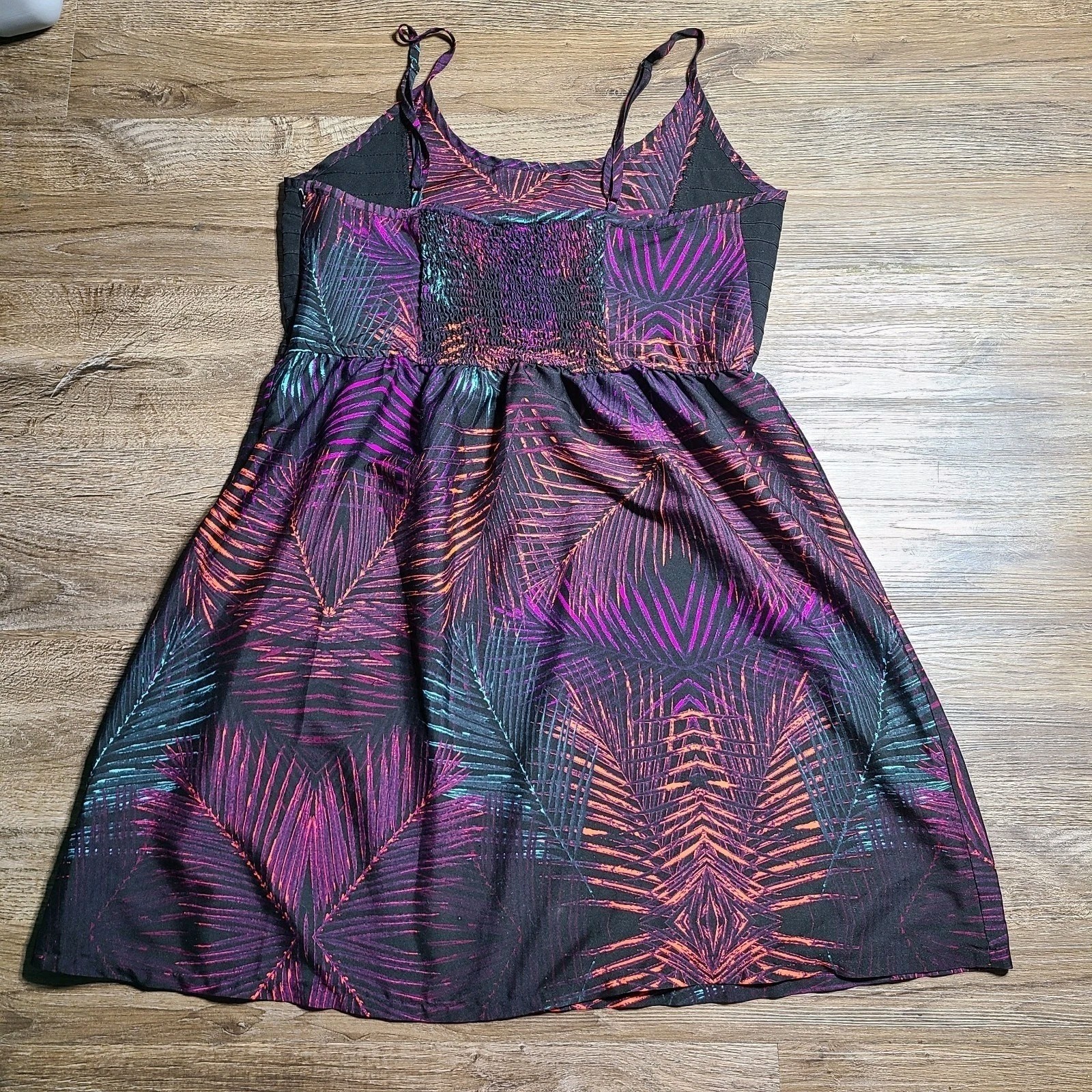 Hurley Colorful Orange Purple Green Leaves On Black Dress Women Size XL Zip Hook