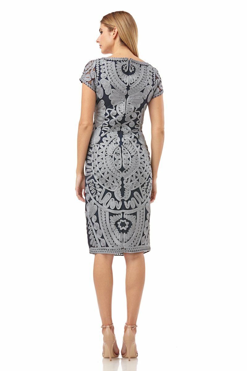 JS COLLECTIONS Navy Blue Cloud Ornate Soutache Ribbon Lace V-Neck Dress 2 = XS
