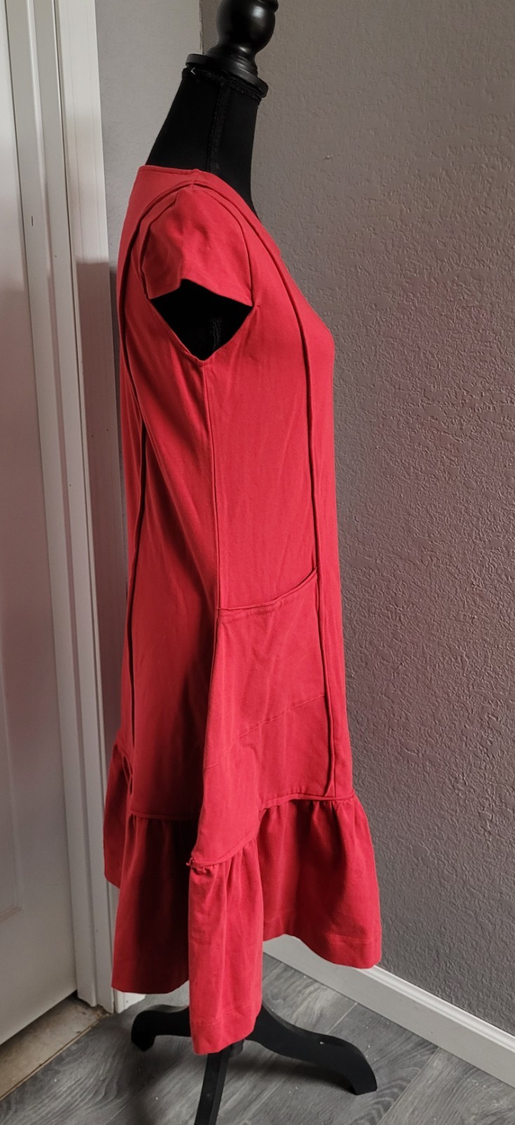 OSO Casuals Fleuri A-line Swing Midi Red Dress Cap Sleeve Front Pockets Women XS