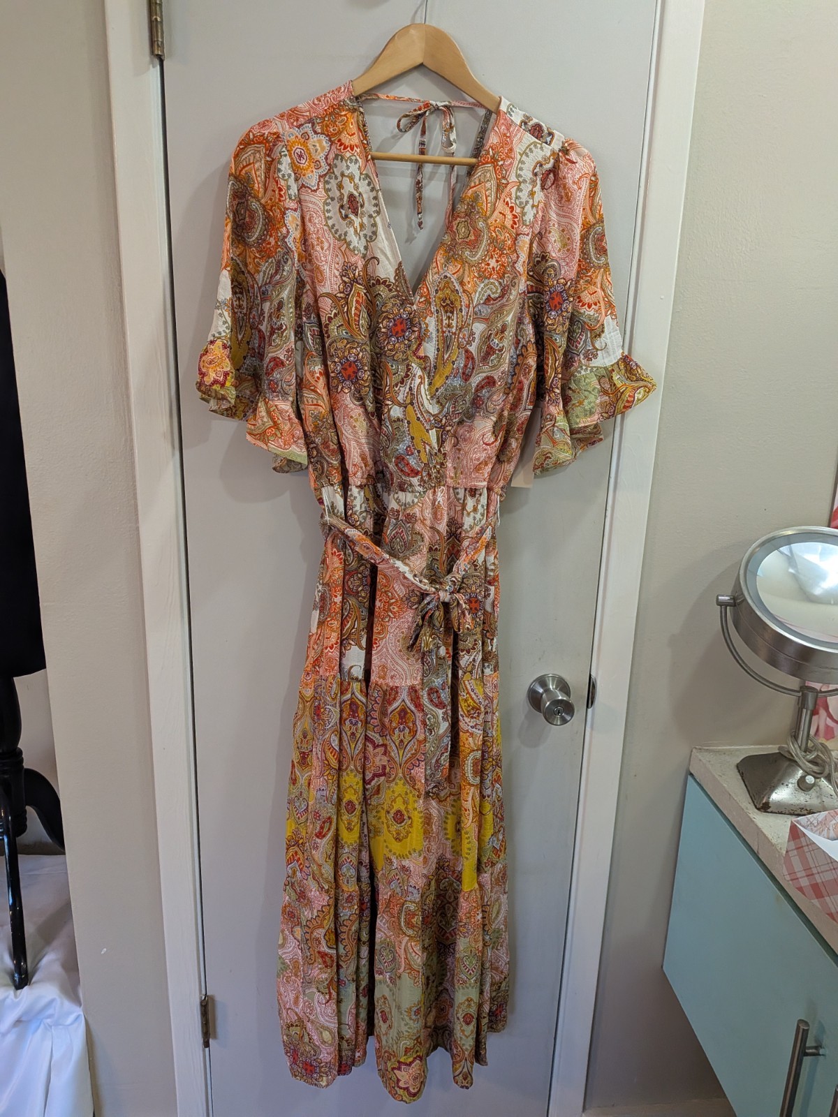 Figleroa & Flower Sz XL SS Paisley Lined Maxi Dress Front Belt Tie New w/Tags