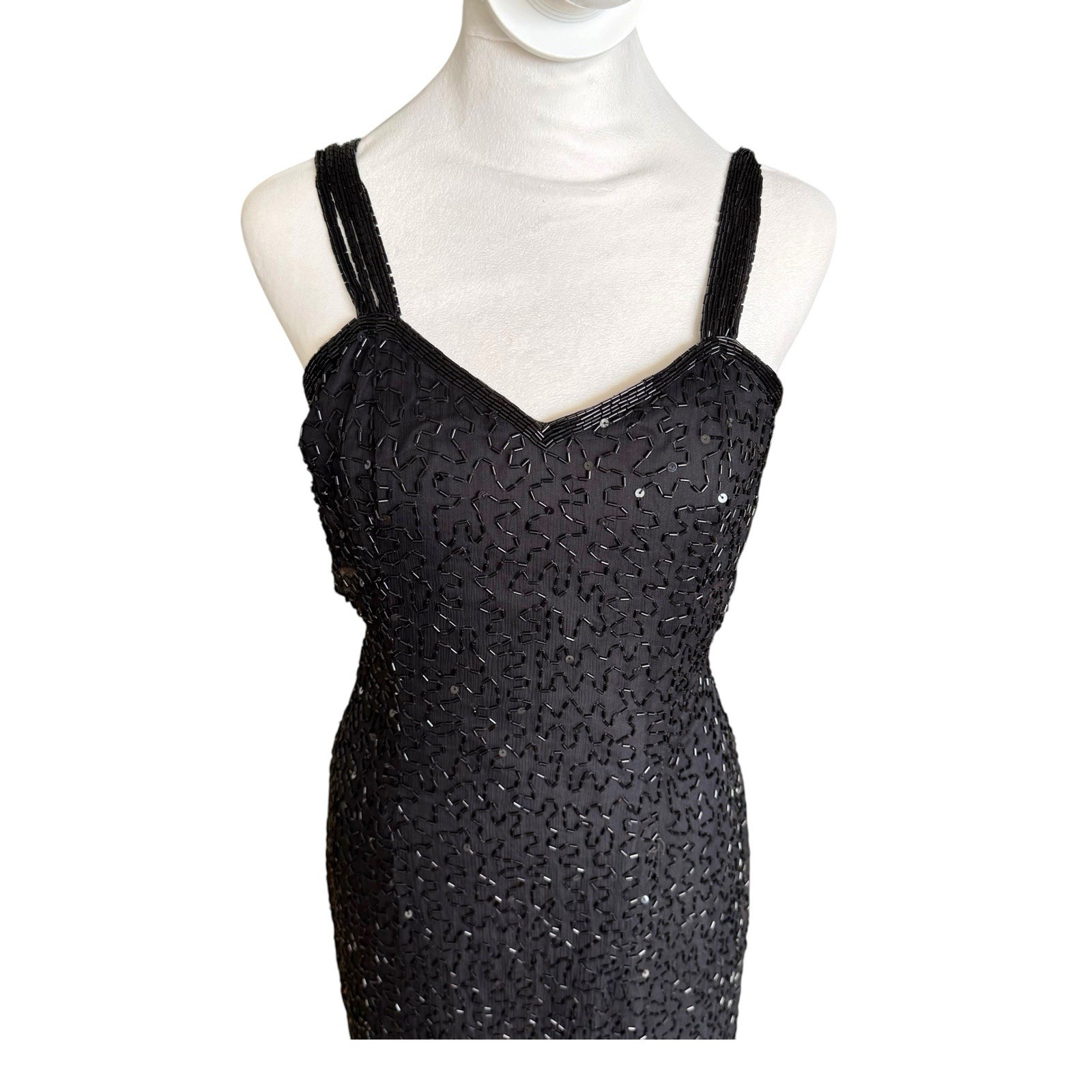 Vintage Scala 100% Silk Black Beaded Evening Gown Strappy Tank Bodycon Dress M