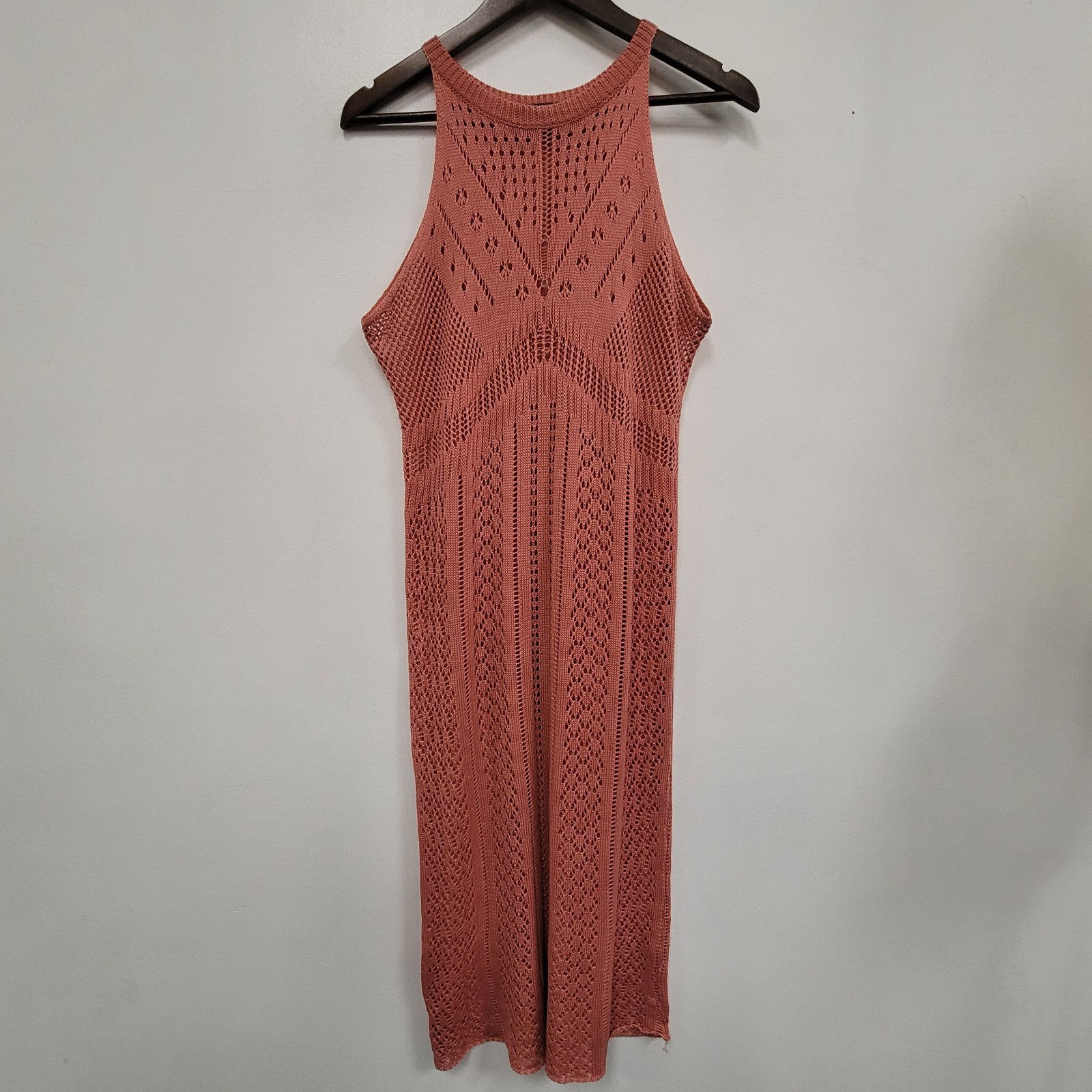 Pink Crochet Maxi Dress Size M Open Knit Festival Beach Coastal Boho Coachella
