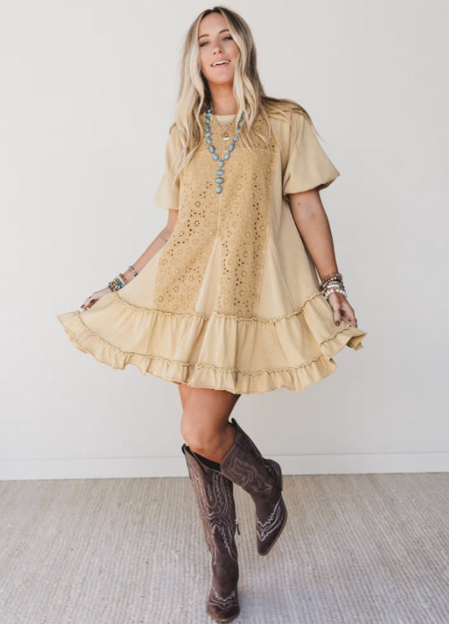 NEW Three Bird Nest Dottie Yellow Crochet Contrast Embroidered Mini Dress Size S