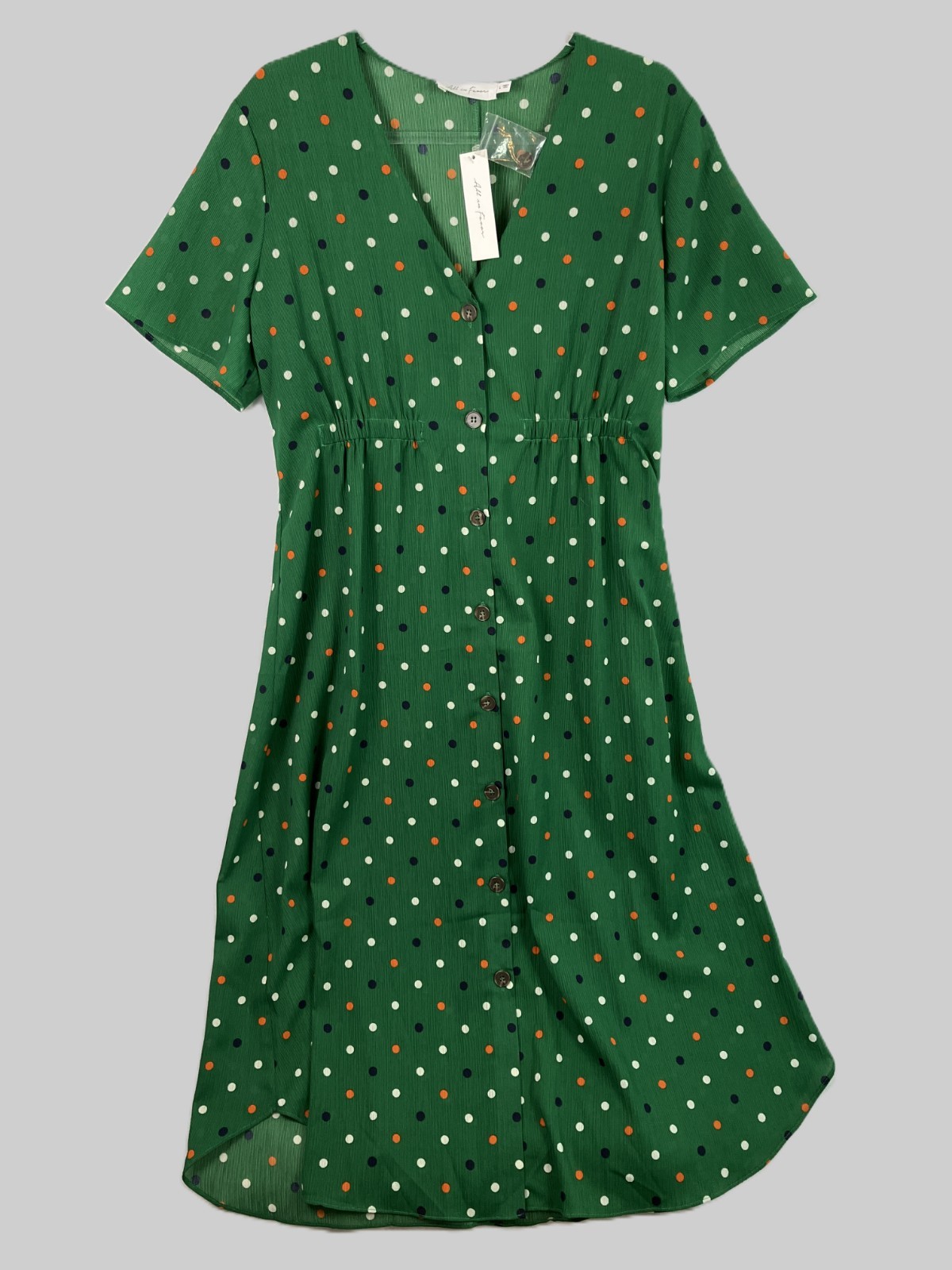 All in Favor Fit & Flare Midi Dress Women’s Size L Green Polka Dot Button-Up NWT