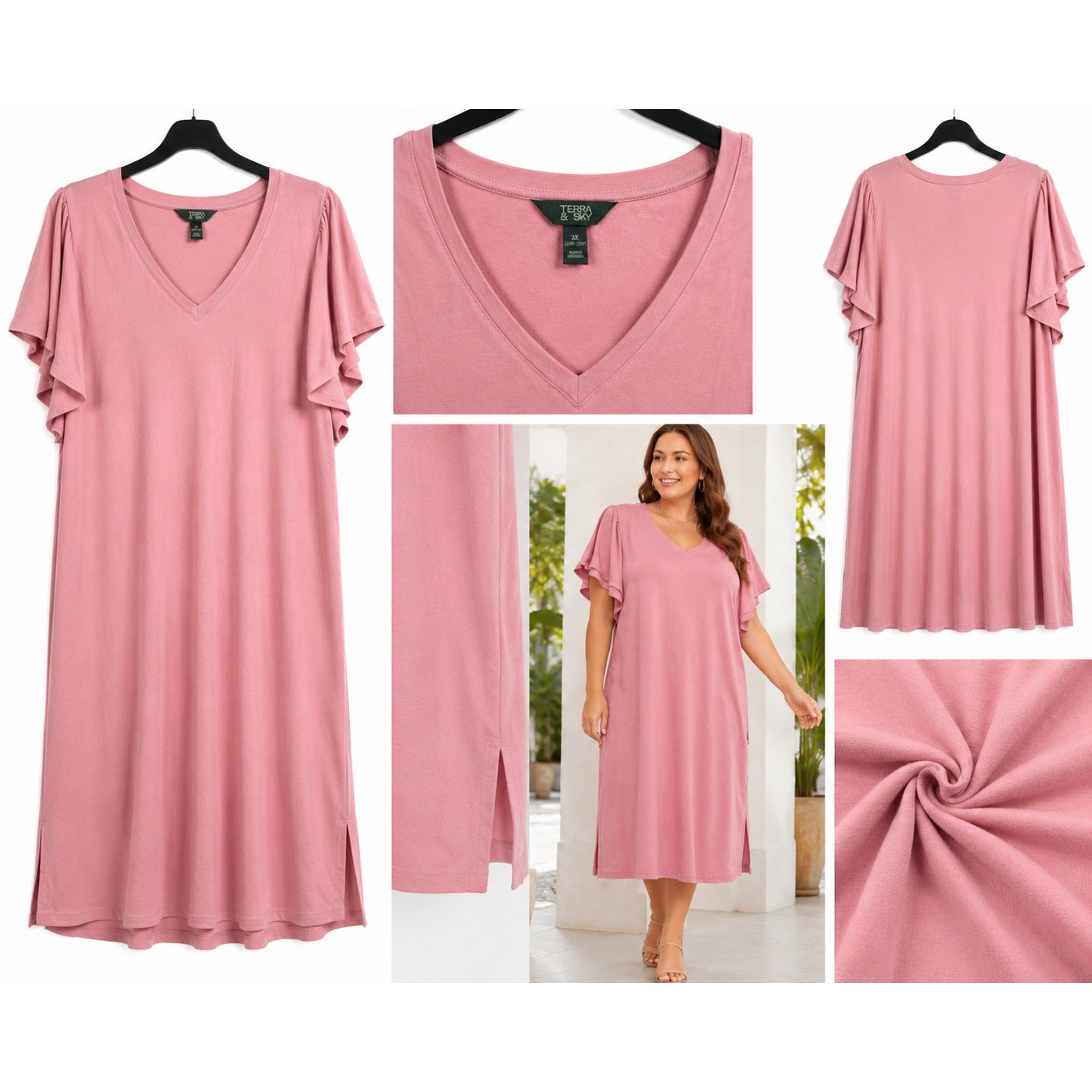 Terra & Sky Women’s Flutter Sleeve V-Neck Dress – Pink – Size 2X (20W-22W)