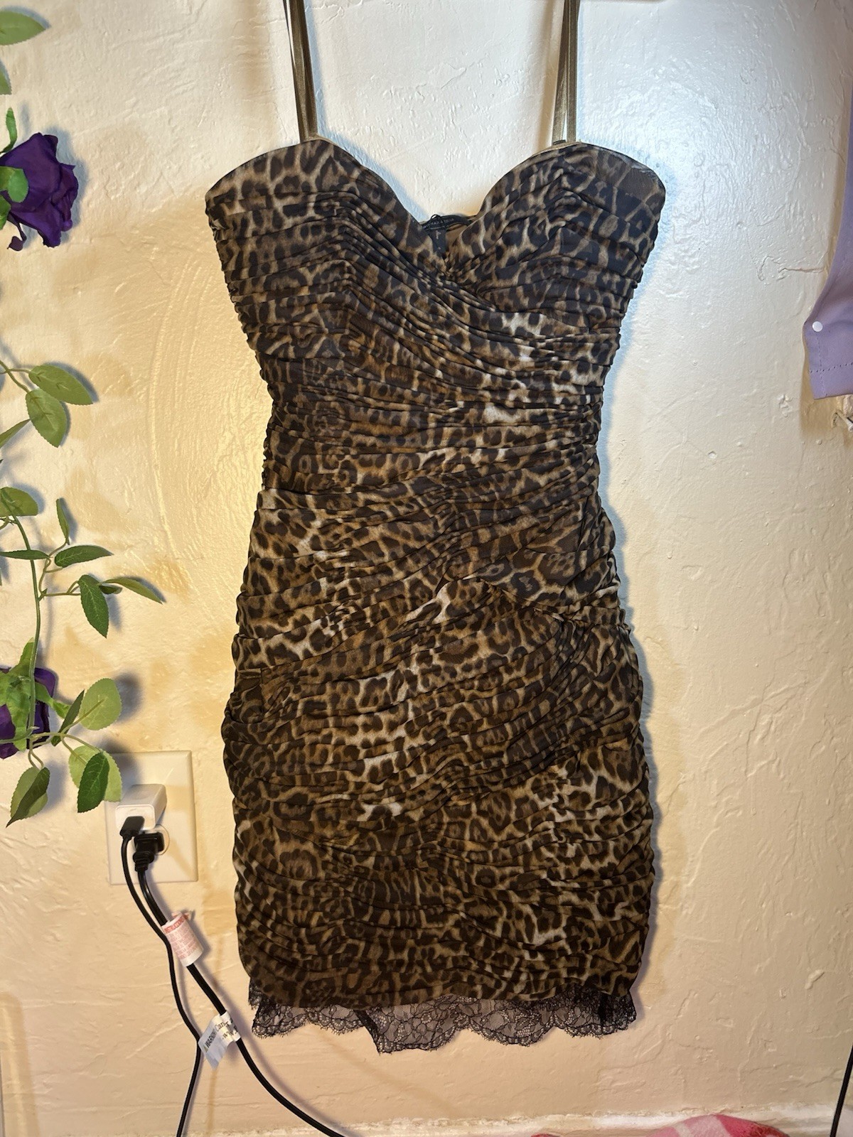 BCBGMAXAZRIA Leopard Ruched Lace Hem Strapless Bodycon Mini Dress 10
