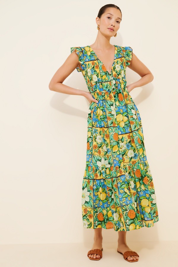 Anthropologie Peregrine Flutter Sleeve Midi Dress Citrus Floral Tile Print XXS