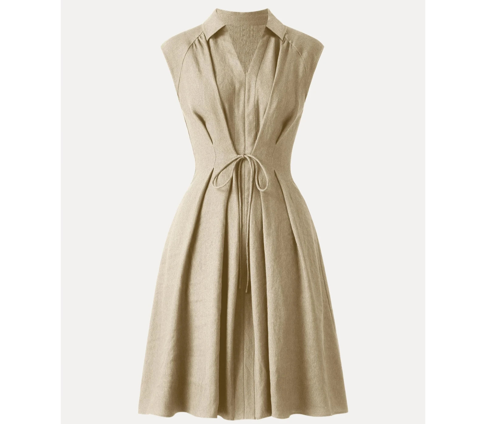 OGLmove Viscose Linen Collared V-Neck Drawstring Midi Dress, Ecru (NEW)