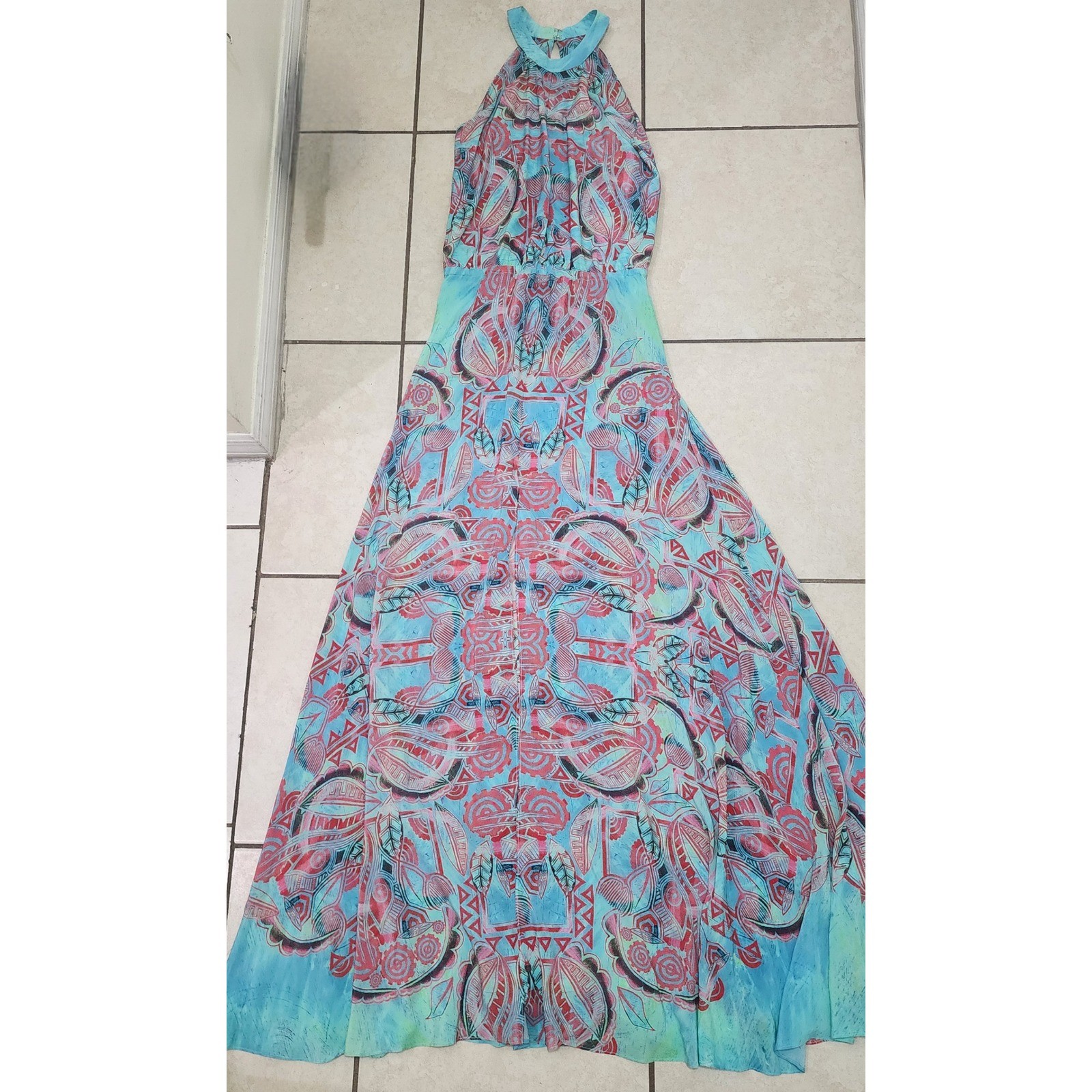 Tribal Print Halter Maxi Dress Turquoise Coral Geometric Keyhole Back Floor