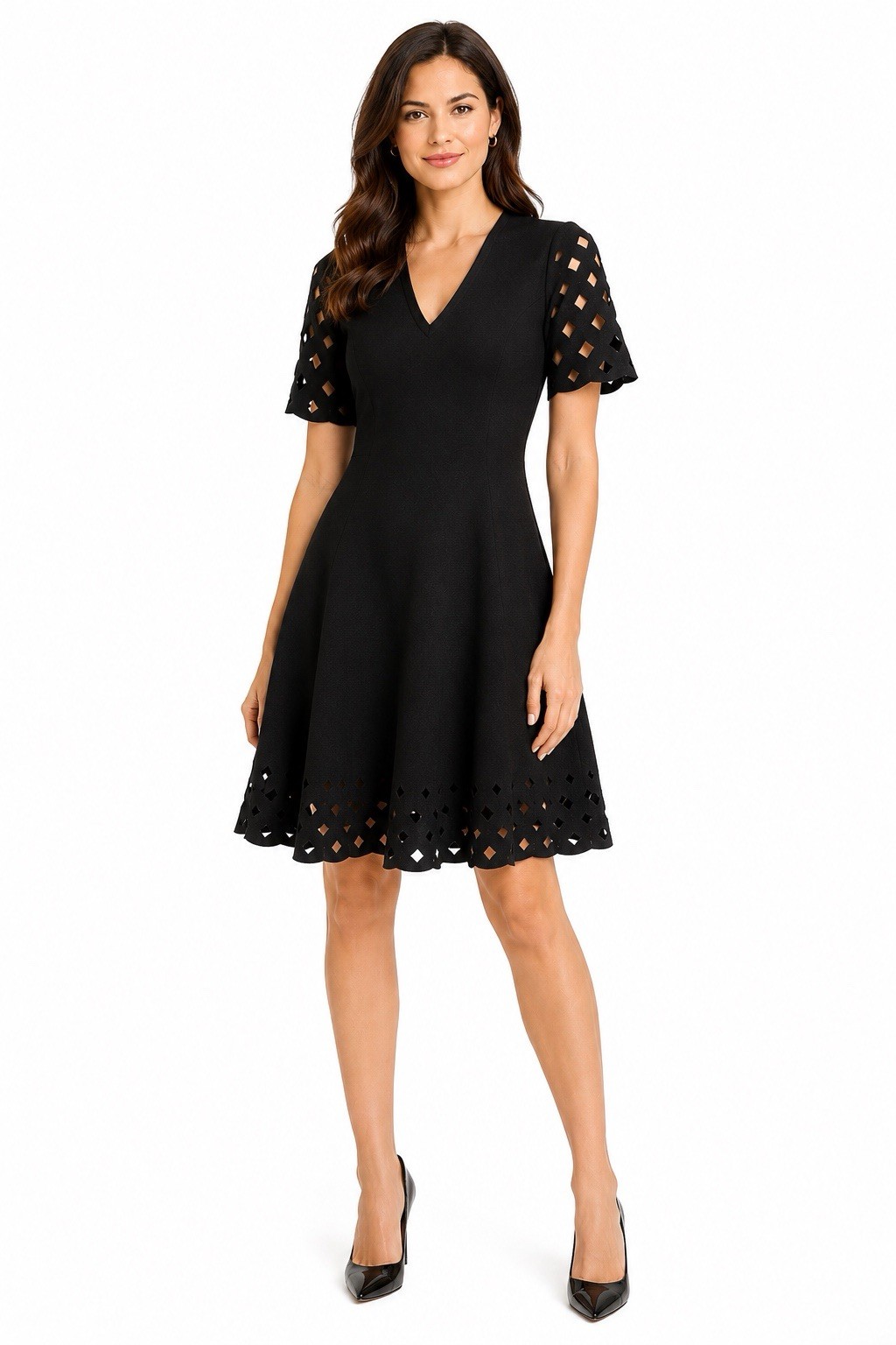 Milly Black Laser Cut Fit & Flare Dress Size 4 V-Neck Scalloped Hem Cocktail