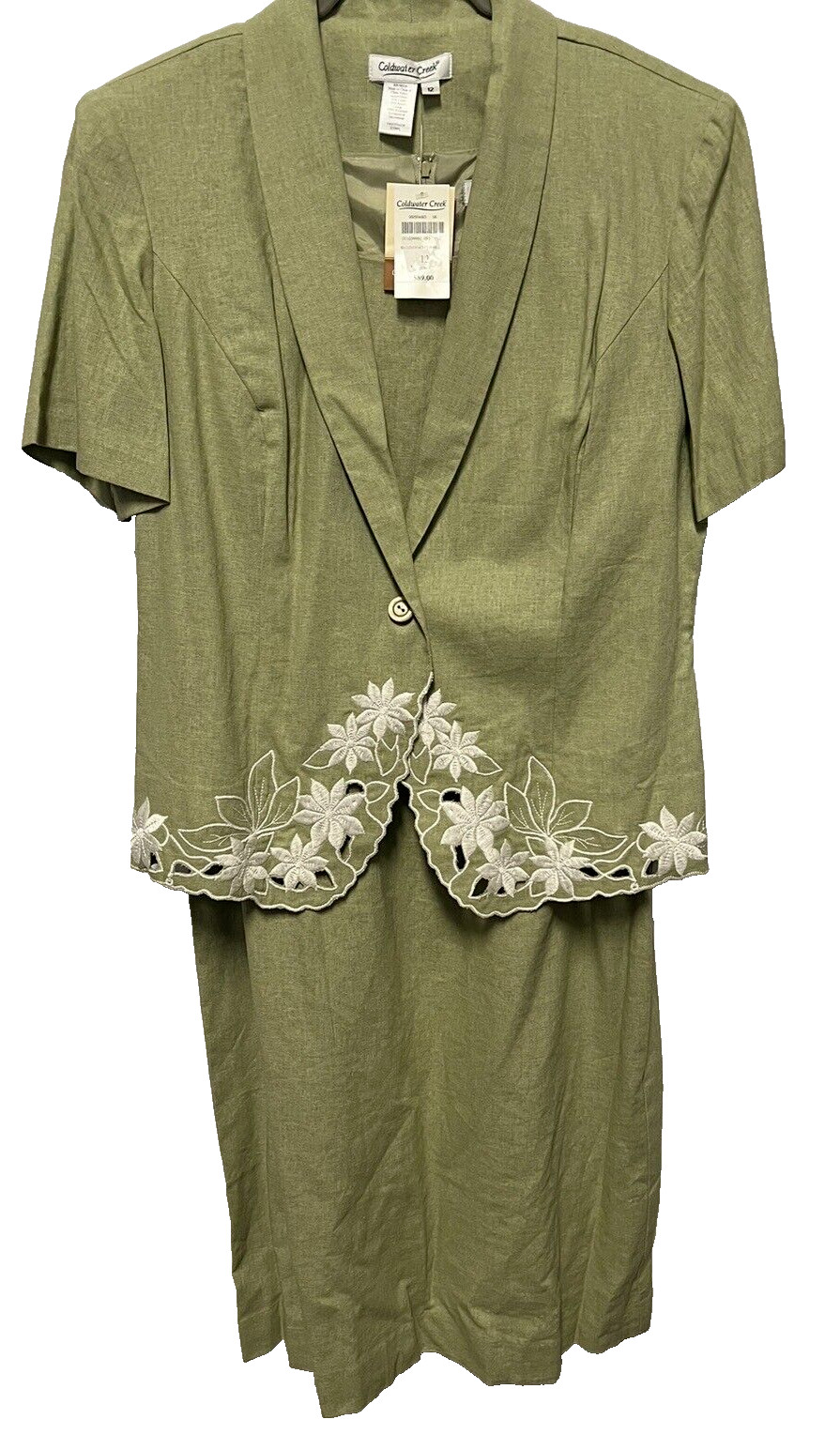 Coldwater Creek Dress Jacket Set 12 Green Linen Blend Lace Short Sleeve Knee VTG