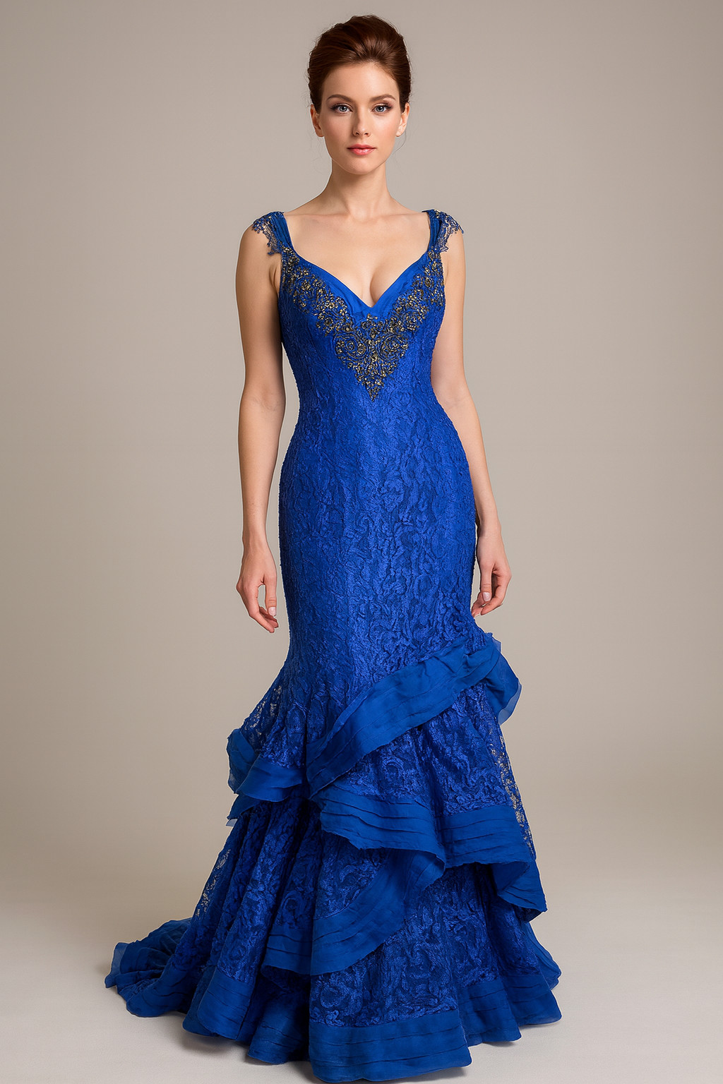 Mac Duggal Iridescent Ruffle Sequin Beads Ruffle Maxi Mermaid Lace 10 Blue Dress