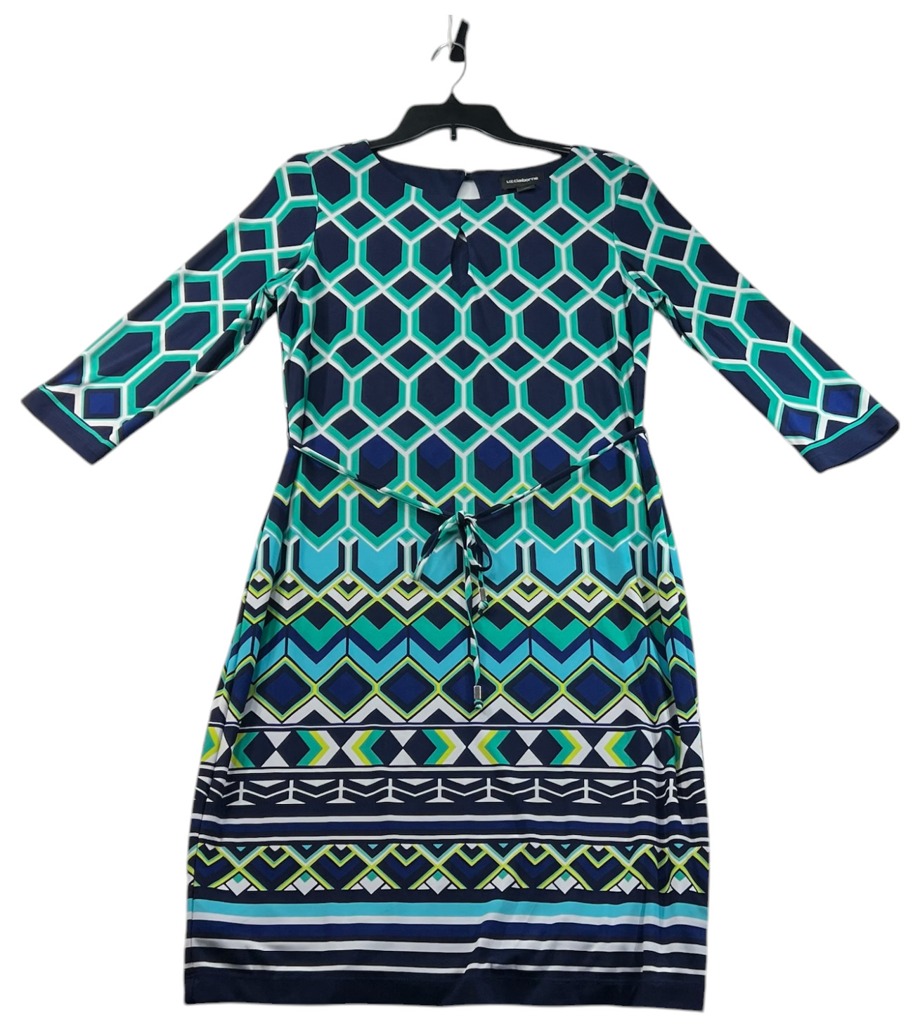 Liz Claiborne Dress Womens Size Medium Navy Blue Green 3/4 Sleeve Belted Stretch