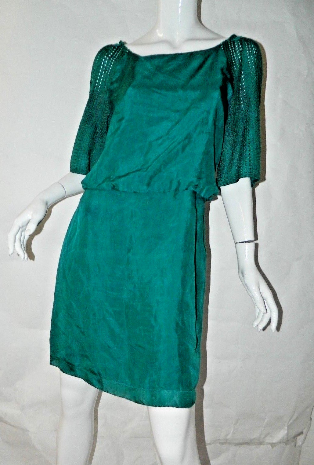 Phillip Lim 3.1 Dress Size 4 Green Silk Perforated Sleeves Scoop Neck Shift