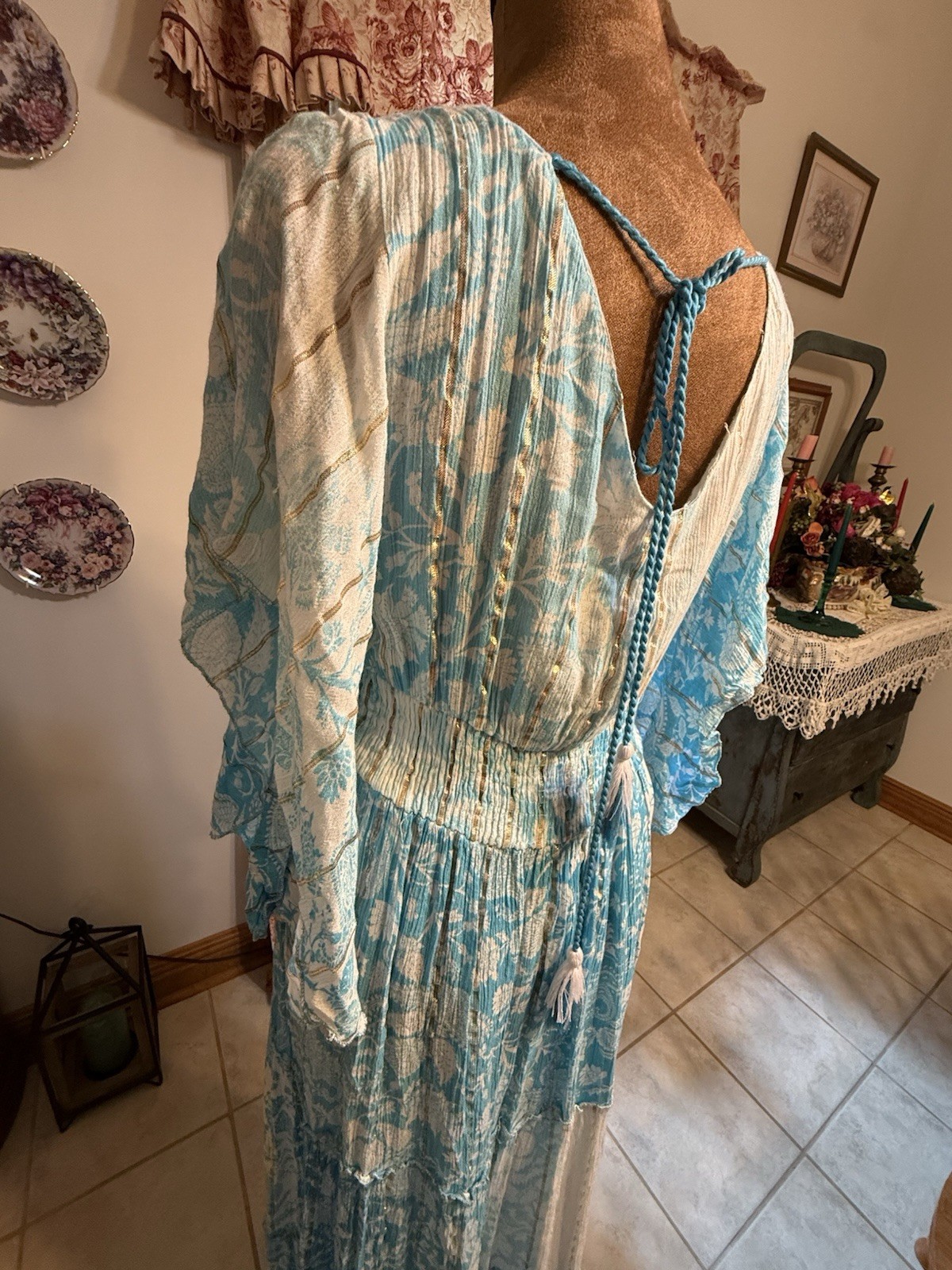 Blue White Boho Maxi Dress Size M Embroidered Lace Tassel Cottagecore Beach