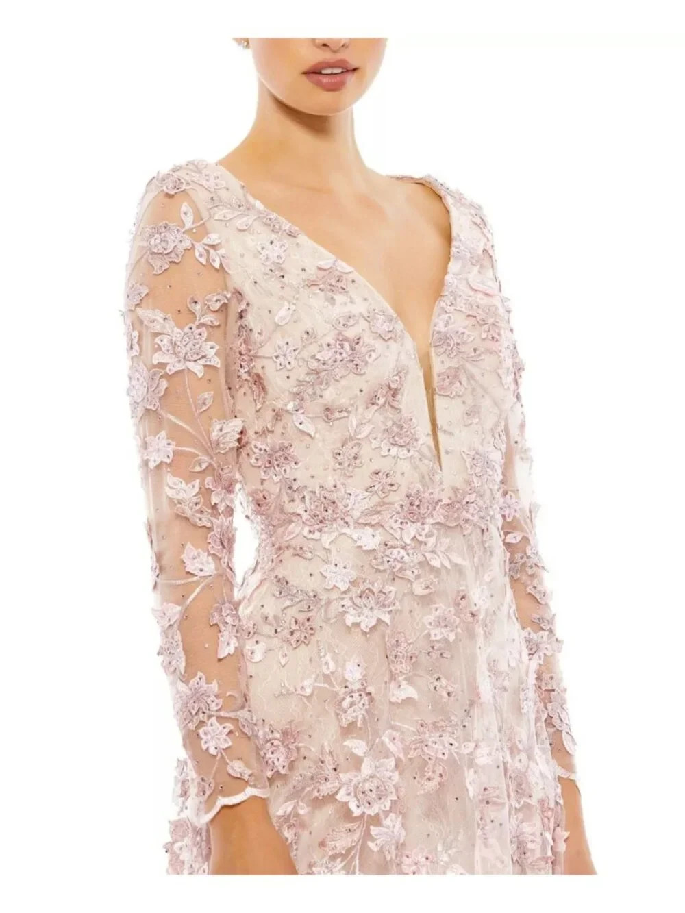Mac Duggal 70224 Floral Applique Long Sleeve Illusion Gown Rose Pink Size 12 NWT