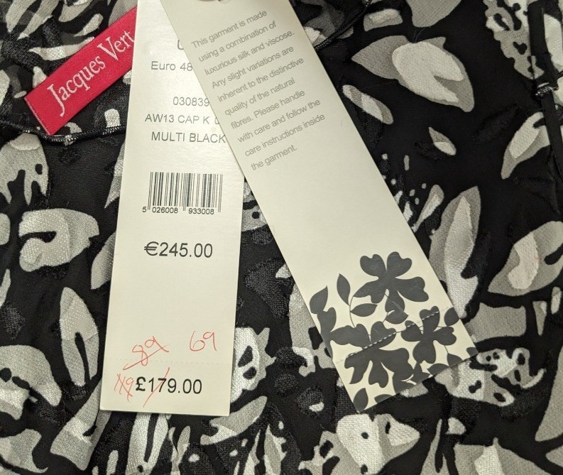 Jacques Vert Patterned Frill Dress Silk Blend Black White UK 22 – New