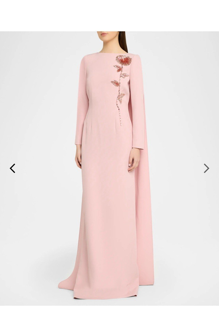 Teri Jon Pink Long Sleeve Maxi Cape Dress Boat Neck Beaded Size 2 NWT