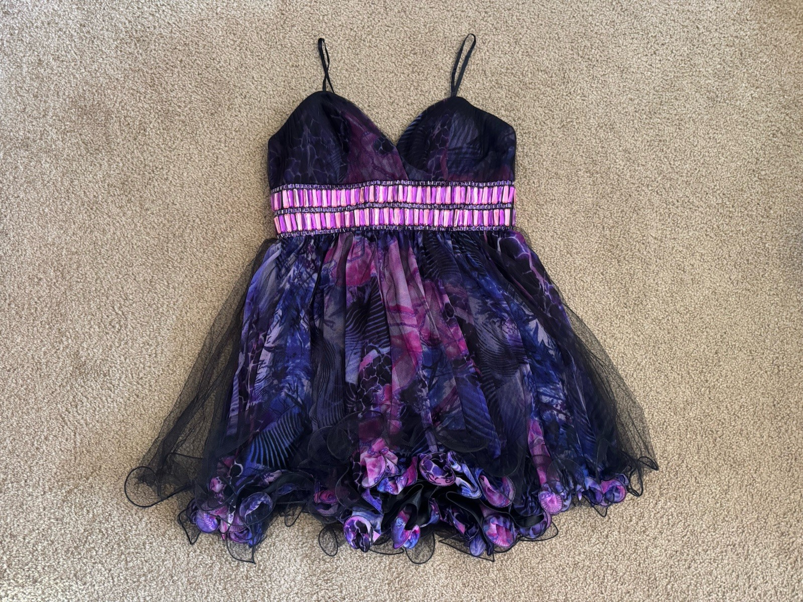 BLUSH PROM Beaded Black Purple Floral Cocktail Dress Party Holiday HOCO LARGE