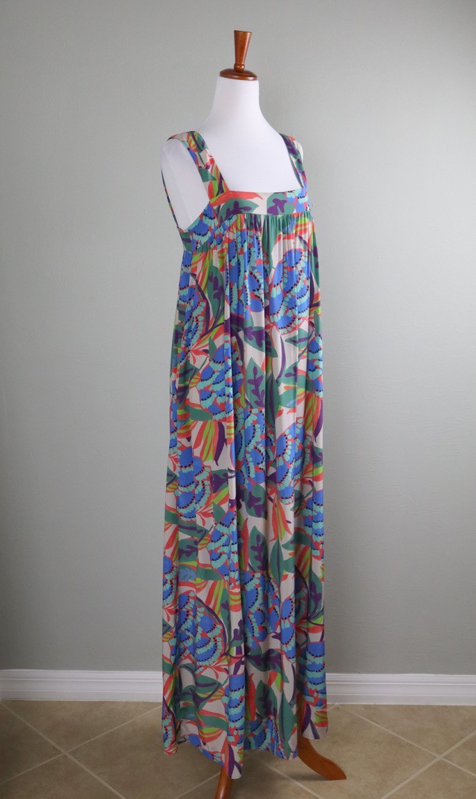 IRIS & INK $260 Shirred Vibrant Floral Print Maxi Apron Tank Dress Size 10