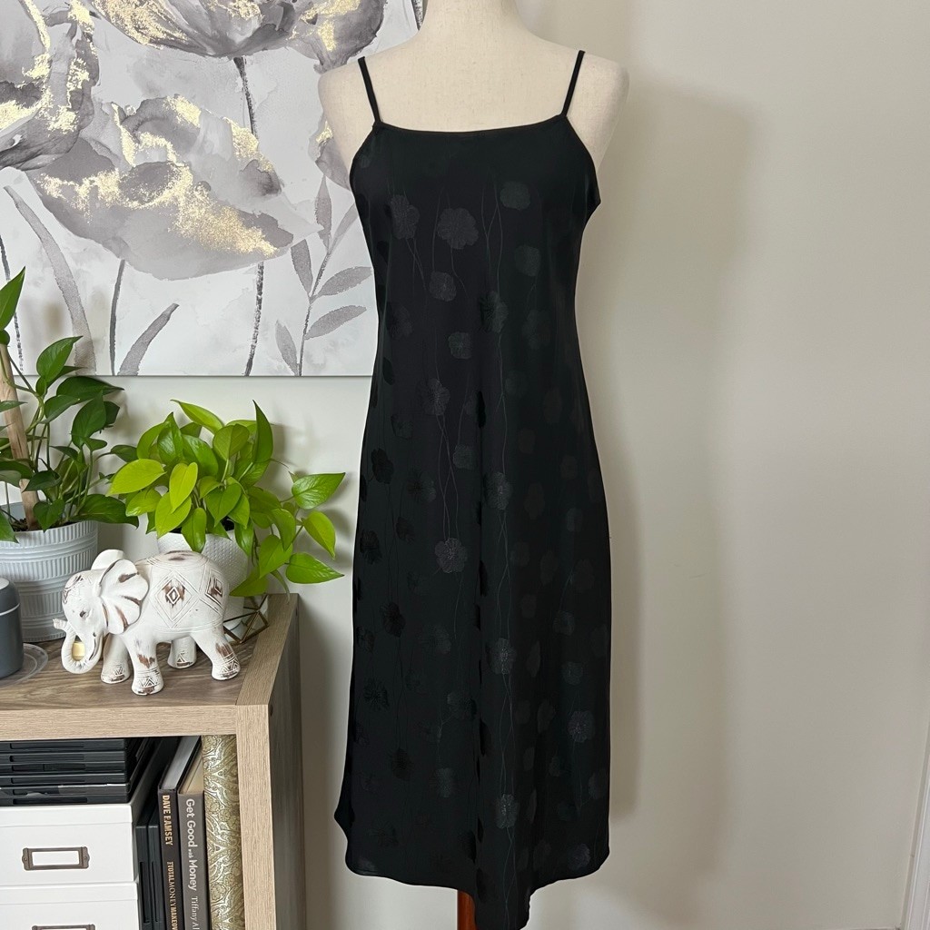 Black Floral Slip Dress Midi Spaghetti Strap 90s Inspired Soft Goth Grunge