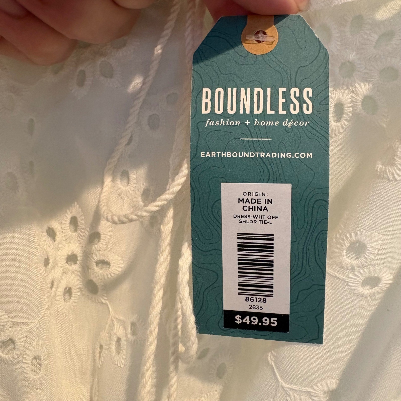 NWT Earthbound Trading Co Eyelet Midi Dress Large White Off Shoulder Tassel Tie