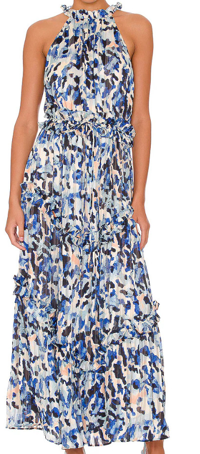 Blue Metallic Pleated Halter Maxi Dress Elliatt Iridescence Wedding Guest M NWT