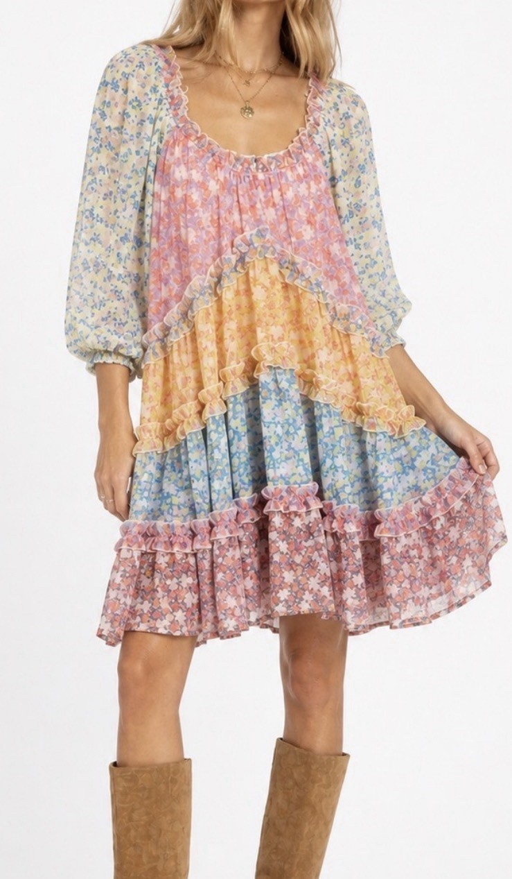 LoveColette Floral Tiered Ruffle Boho Cottagecore Mini Dress Pastel Medium