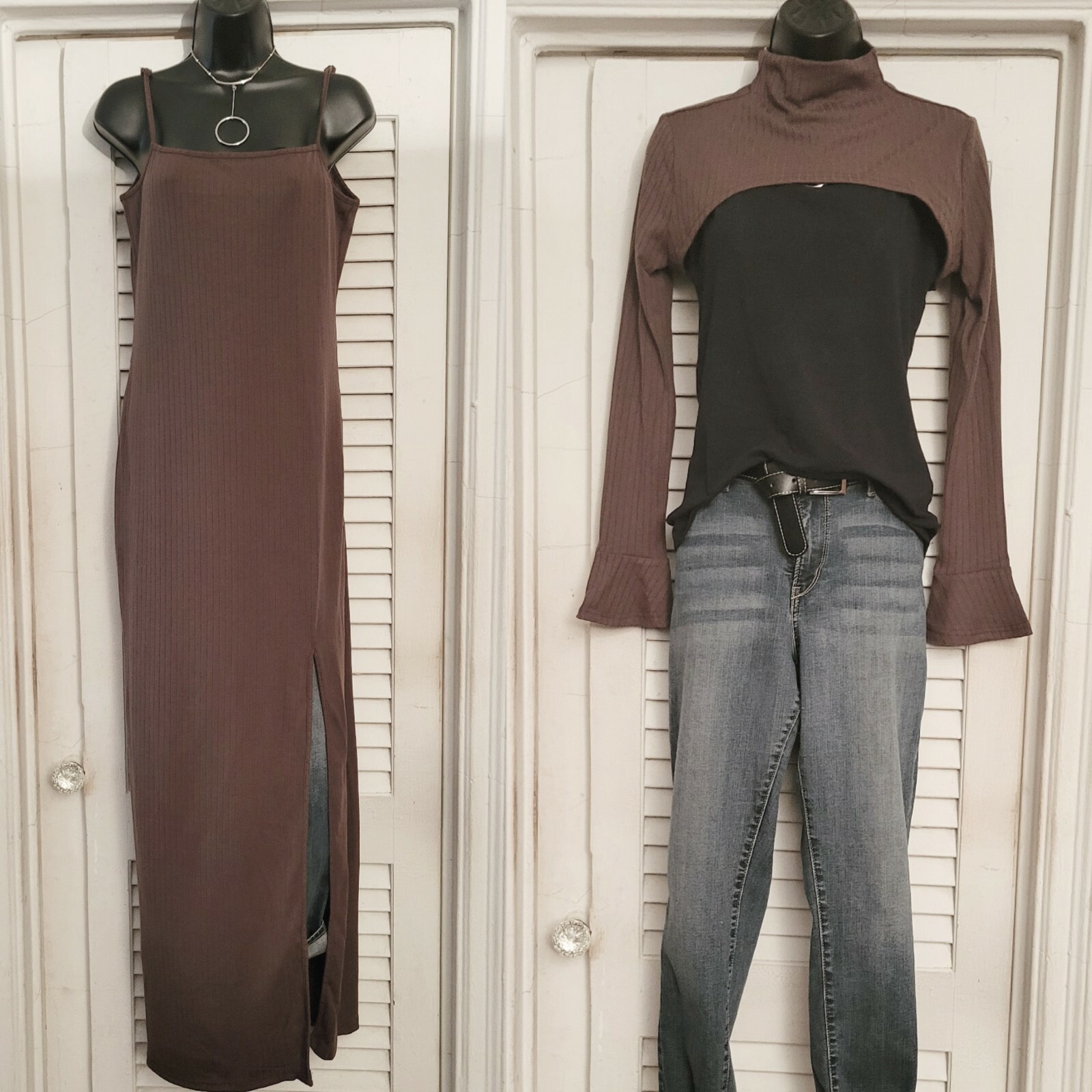 2 Piece Mocha Brown Ribbed Mock Neck Cutout Front Back High Split Maxi Dress L