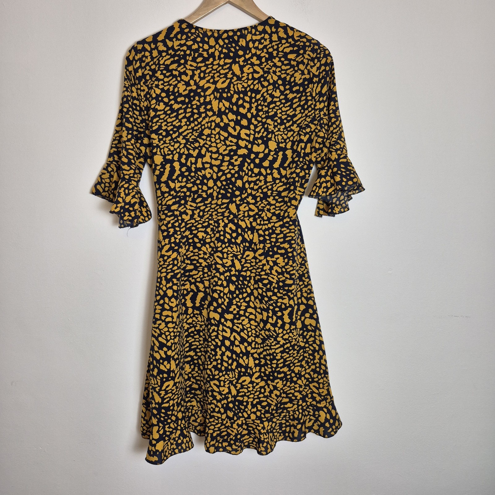 CY S/M Black Yellow Ruffle Frill Wrap Dress 3/4 Sleeve Tea Dress