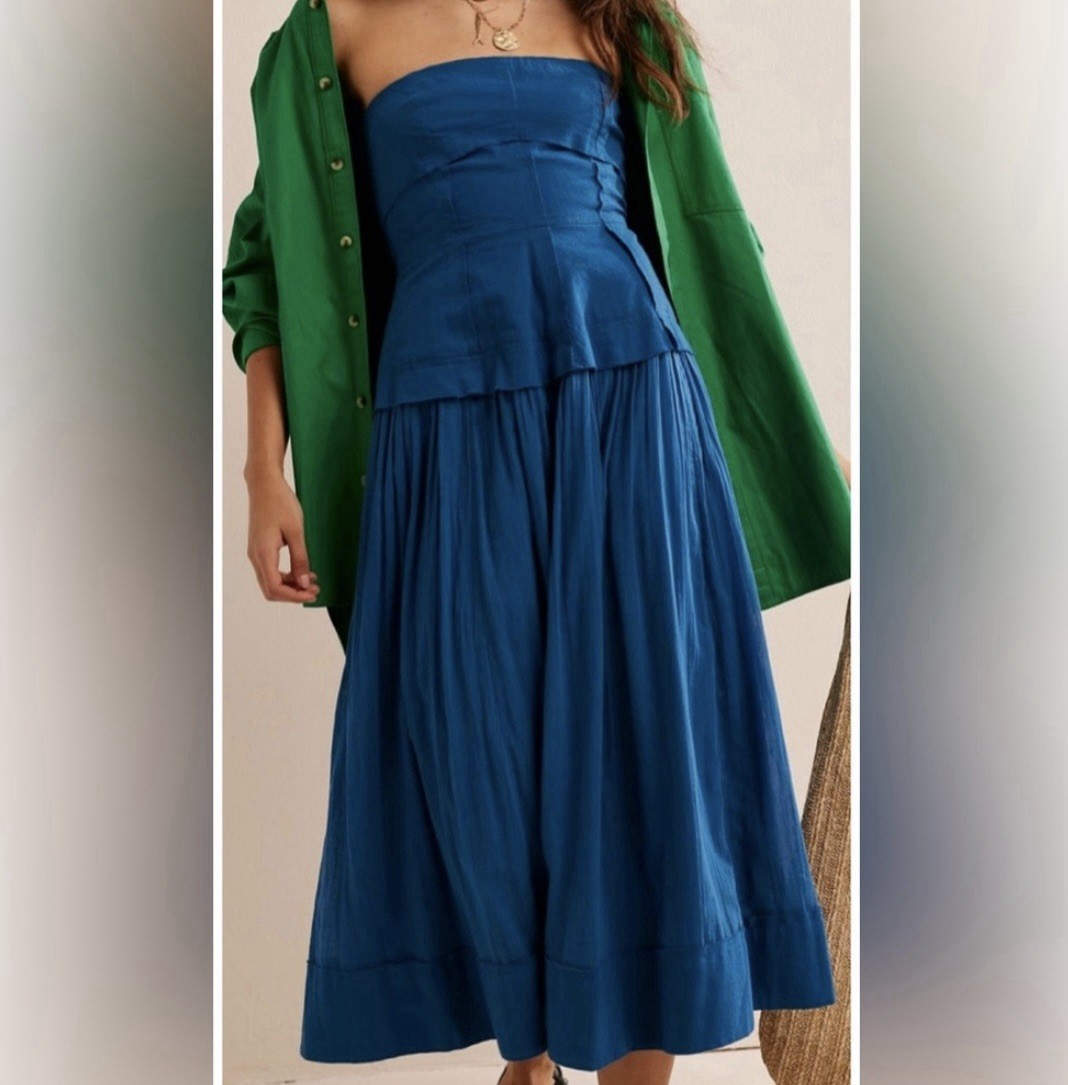 Free People Blue Strapless Smocked Button Front Ruffle Midi Maxi Dress L