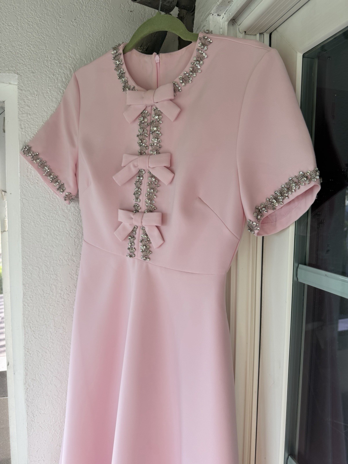 pink midi a-line dress with bow and beaded accents for women