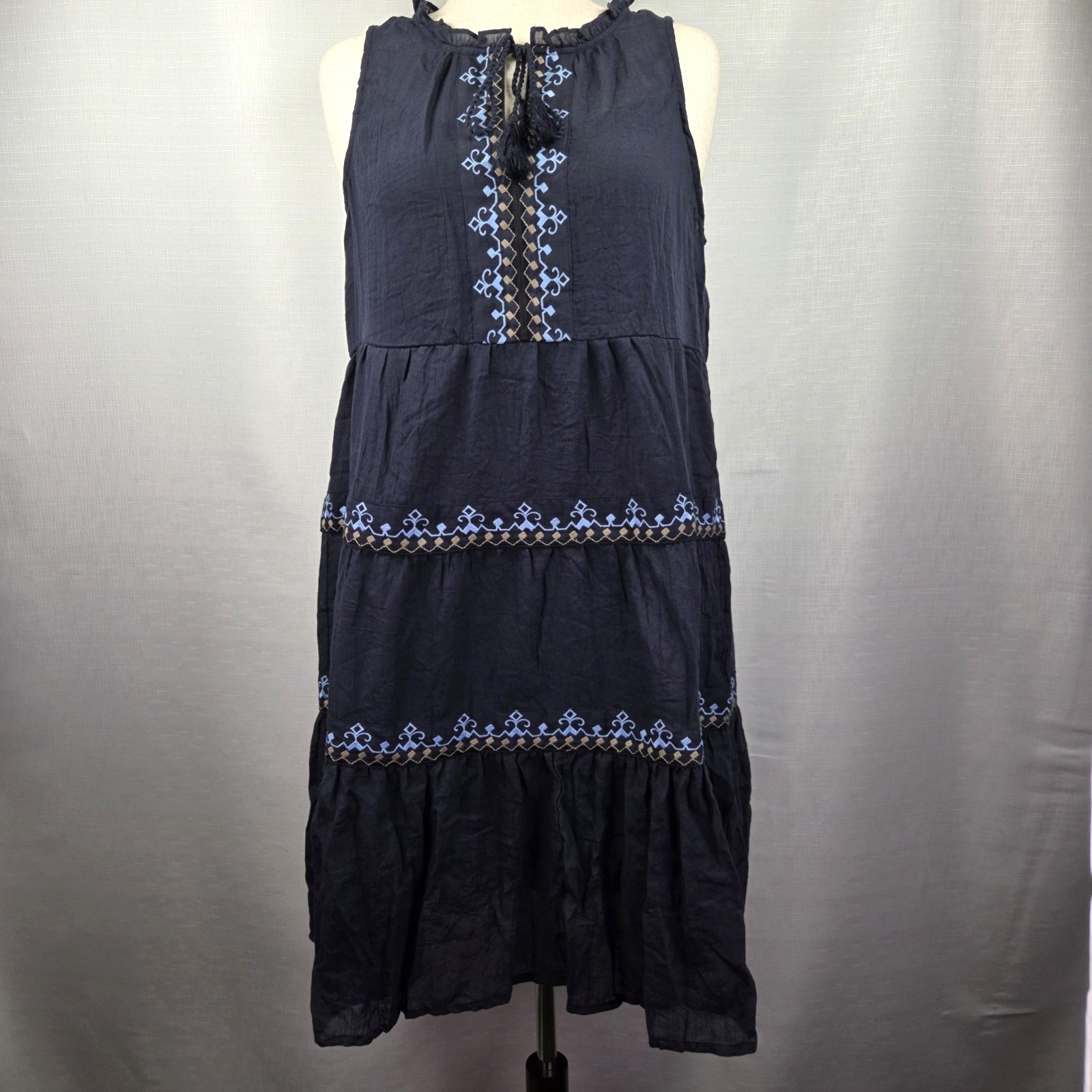 LOVESTITCH Blue Sleeveless Midi Dress Women’s Large Embroidered Boho Resortwear