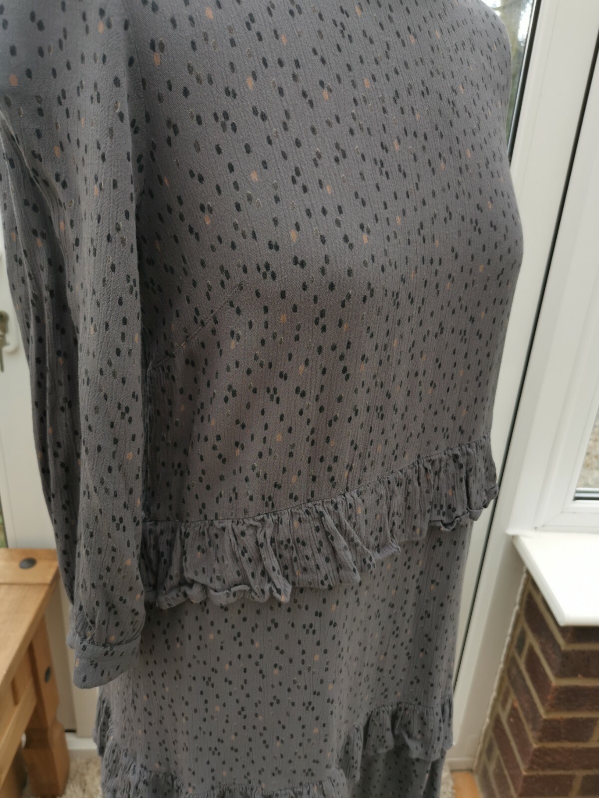 FatFace Copper And Black Grey Spot Ruffle Smock Dress Size 10