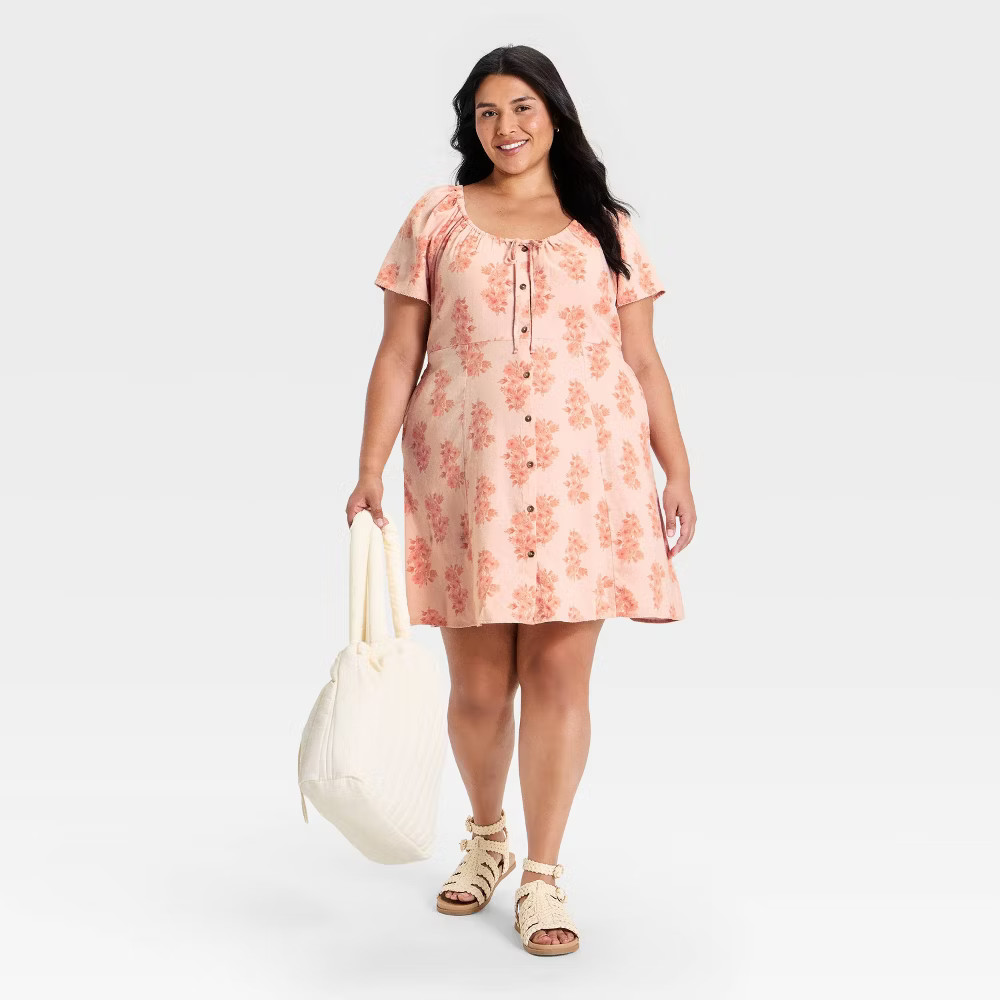 Women Short Sleeve Button-Front Mini Sundress – Universal Thread Peach