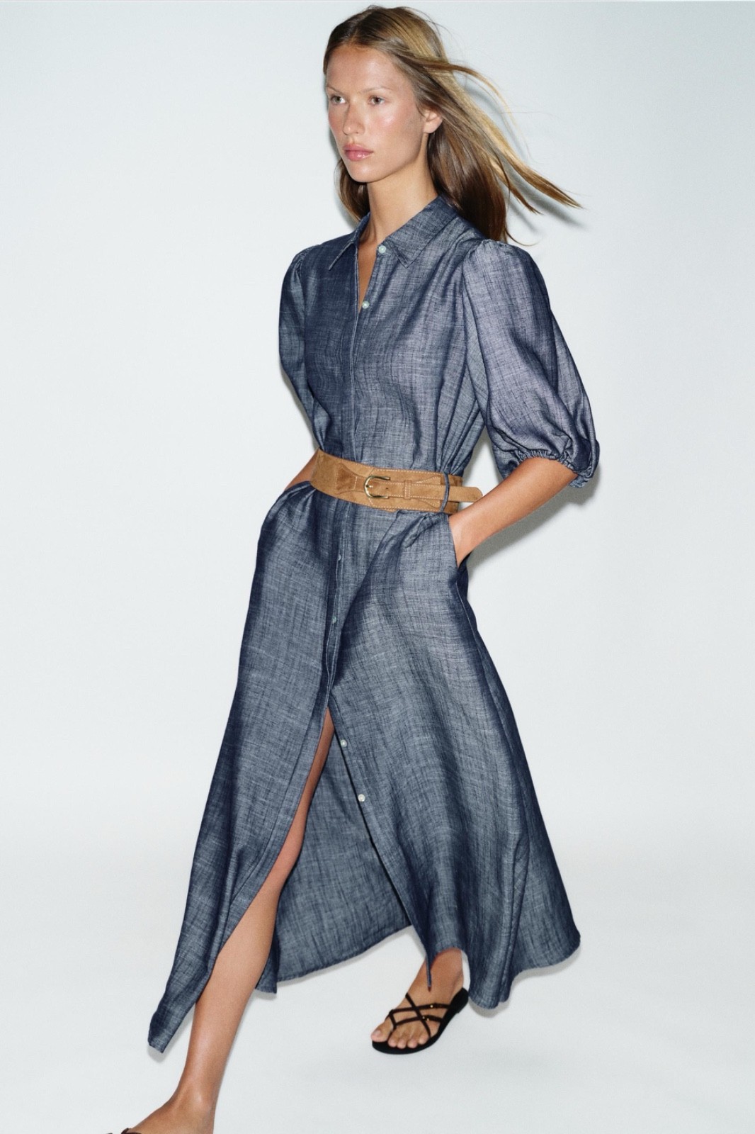 NTW XS ZARA Linen Blend BELTED MIDI DRESS INDIGO lapel collar balloon sleeves