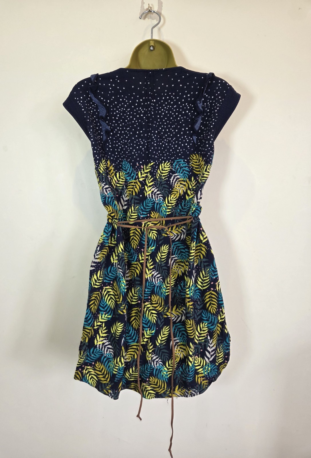 White Stuff Size 14 Navy Blue Gold Sleeveless Belt Leaf Print Autumn Tunic Dress