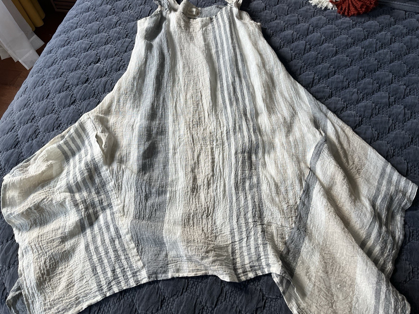 Luukaa Women Kaftan Tank Dress Beige Linen Striped Sleeveless Swing Size 10