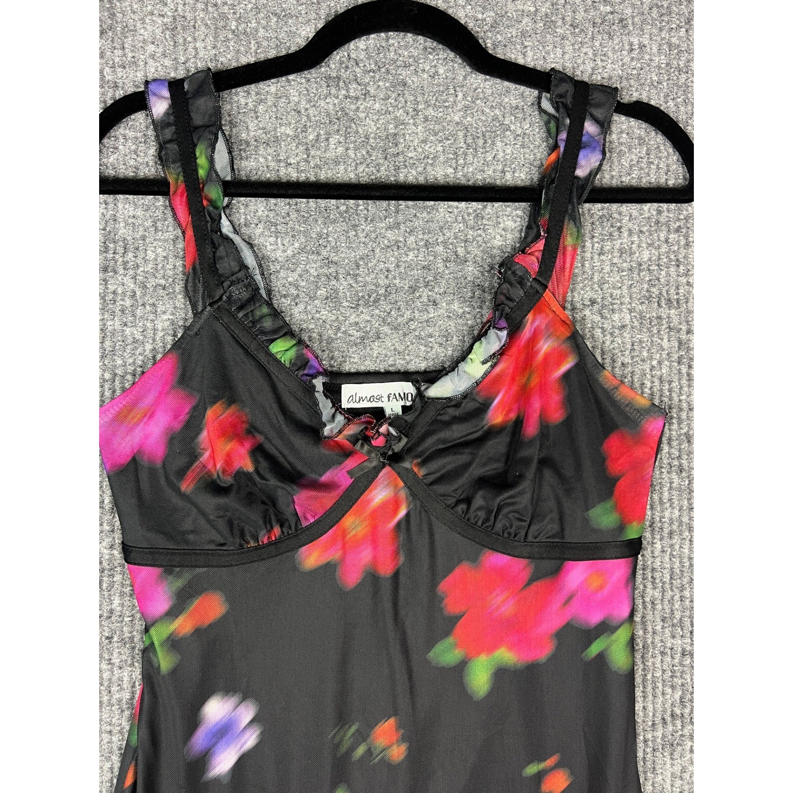 Almost Famous Whimsy Goth Floral Dress Y2K Fairycore Black Mesh Large